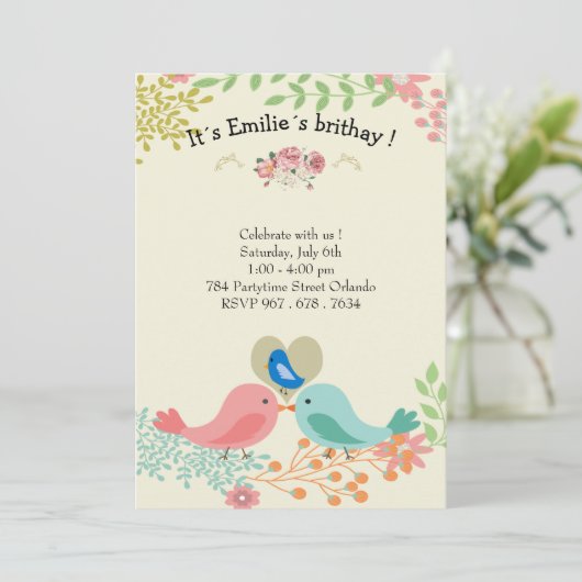 Kute blue bird Birthday Party Invitations Kaart (Staand voorkant)