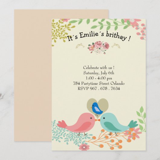 Kute blue bird Birthday Party Invitations Kaart (Voorkant / Achterkant)