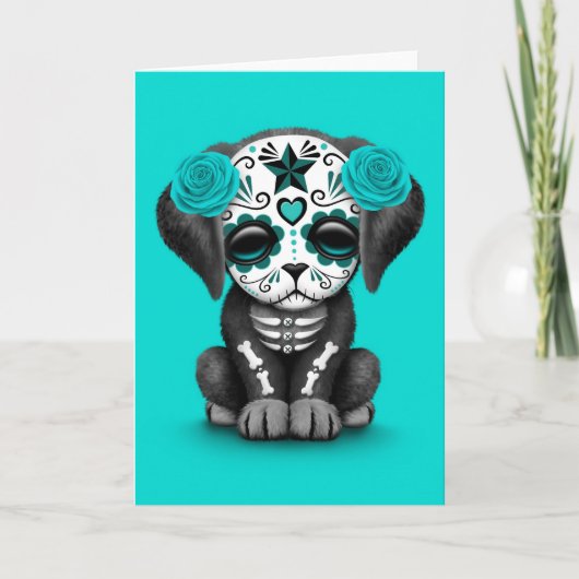 Kute Blue Day of the Dead Puppy Dog Kaart (Voorkant)