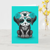 Kute Blue Day of the Dead Puppy Dog Kaart (Gele Bloem)