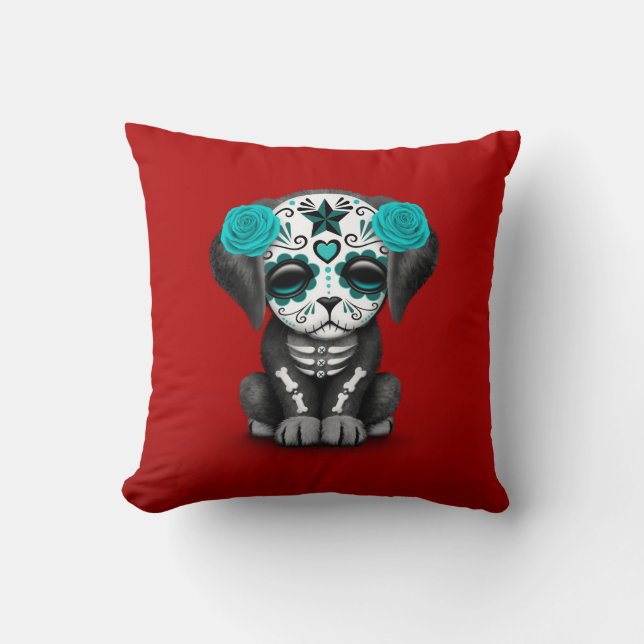 Kute Blue Day of the Dead Puppy Dog Red Kussen (Voorkant)