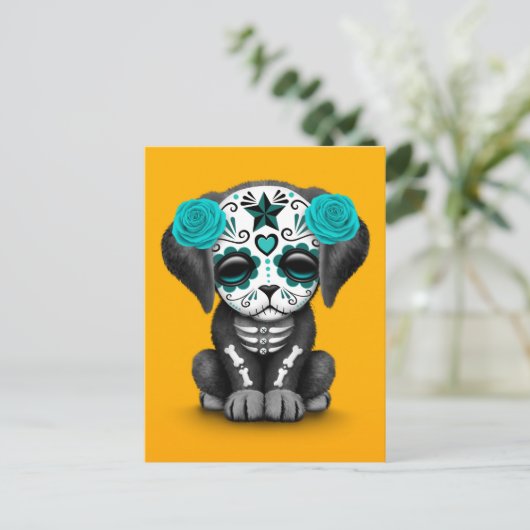 Kute Blue Day of the Dead Puppy Dog Yellow Briefkaart (Staand voorkant)