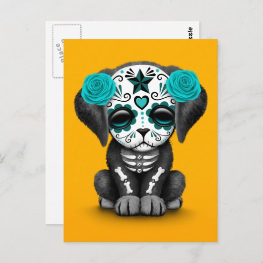 Kute Blue Day of the Dead Puppy Dog Yellow Briefkaart (Voorkant / Achterkant)