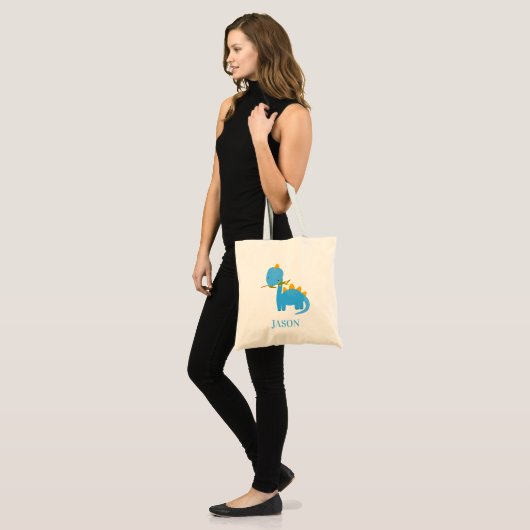 Kute Blue Dino met aangepaste naam Kinder Canvas t Tote Bag (Voorkant (model))