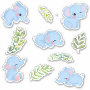 Kute Blue Elephants & Fresh Green Botanicals Sticker