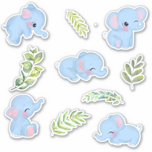 Kute Blue Elephants & Fresh Green Botanicals Sticker (Voorkant)
