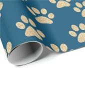 Kute Blue en Gold Glitter Paw Drukt Pet Lovers Cadeaupapier (Rol Hoek)