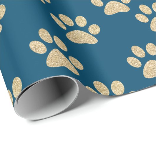 Kute Blue en Gold Glitter Paw Drukt Pet Lovers Cadeaupapier (Rol Hoek)