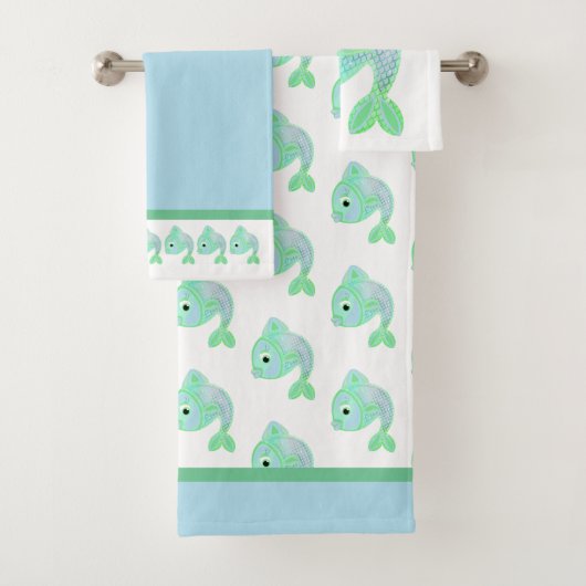 Kute Blue en Green Fish Bath Towel Set Bad Handdoek (Insitu)