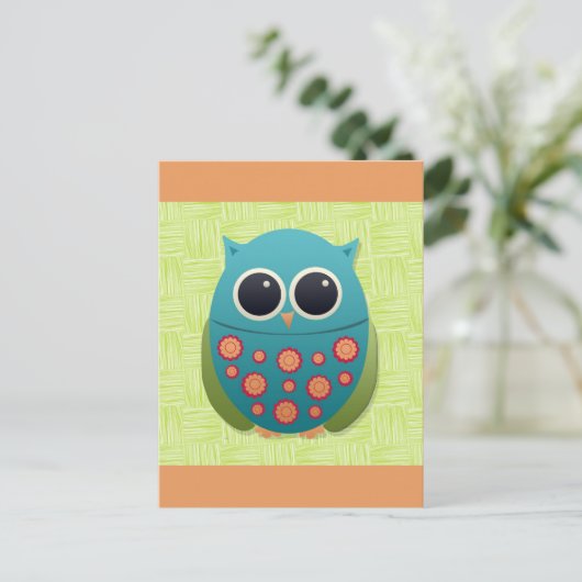 Kute Blue en Green Owl met rode en gele ventilator Briefkaart (Staand voorkant)