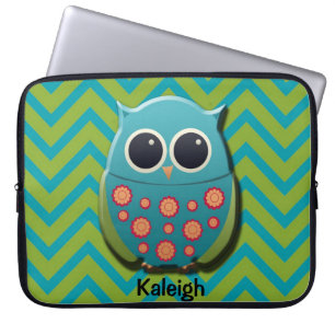 Kute Blue en Green Owl op Chevron Laptop Sleeve