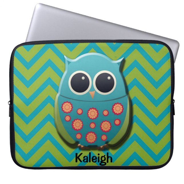 Kute Blue en Green Owl op Chevron Laptop Sleeve (Voorkant)