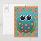 Kute Blue en Green Owl op Oranje en blauwe bloemen Briefkaart (Voorkant / Achterkant)