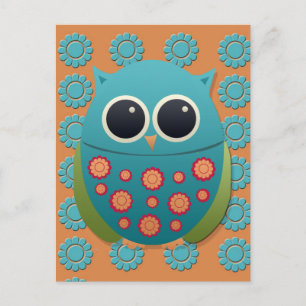 Kute Blue en Green Owl op Oranje en blauwe bloemen Briefkaart