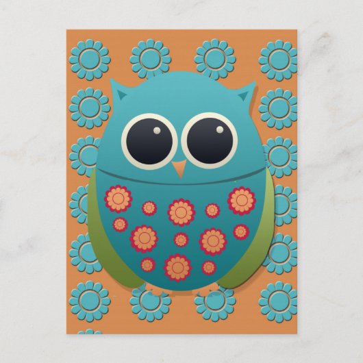 Kute Blue en Green Owl op Oranje en blauwe bloemen Briefkaart (Voorkant)