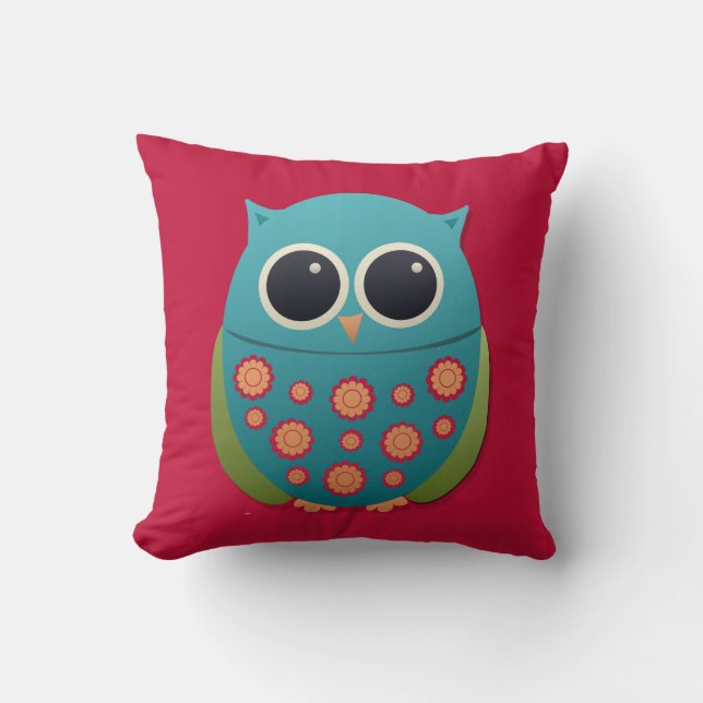 Kute Blue en Green Owl op Red Pillow Kussen (Voorkant)
