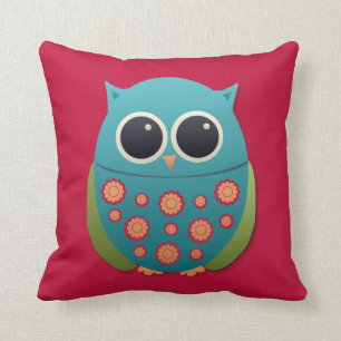 Kute Blue en Green Owl op Red Pillow Kussen