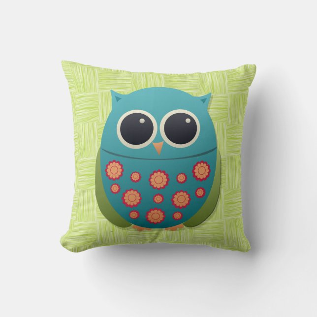 Kute Blue en Green Owl Red op Light Green Pillow Kussen (Voorkant)