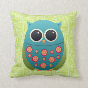 Kute Blue en Green Owl Red op Light Green Pillow Kussen