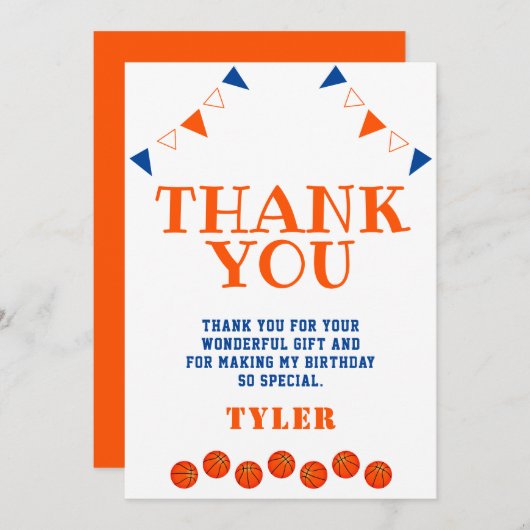 Kute Blue en Oranje sport Basketball Birthday Bedankkaart (Voorkant / Achterkant)