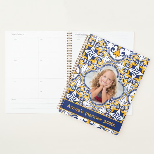 Kute blue en yellow Azulejos, aangepaste foto Planner (Display)