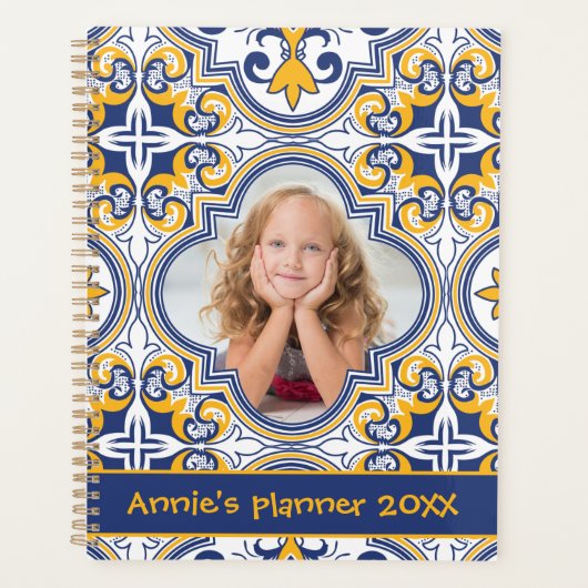 Kute blue en yellow Azulejos, aangepaste foto Planner (Voorkant)
