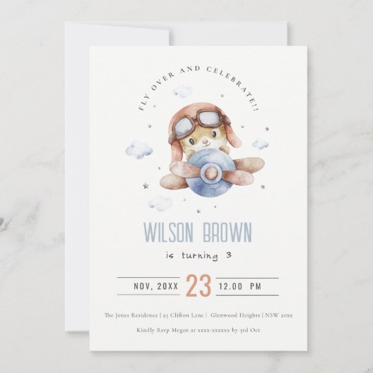 Kute Blue Fly Over Teddy Animal Planthday Kaart (Voorkant)