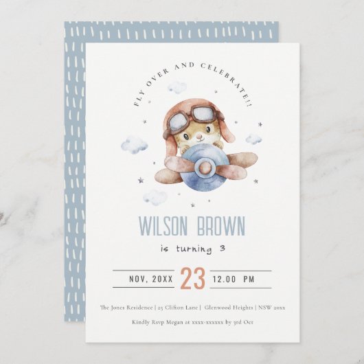 Kute Blue Fly Over Teddy Animal Planthday Kaart (Voorkant / Achterkant)