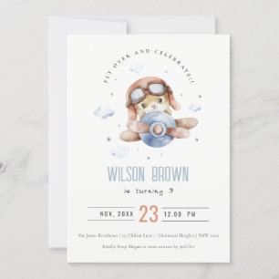 Kute Blue Fly Over Teddy Animal Planthday Kaart