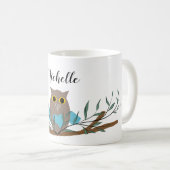 Kute Blue Heart Owl on Branch Personalized Koffiemok (Voorkant rechts)