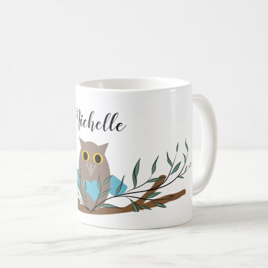 Kute Blue Heart Owl on Branch Personalized Koffiemok (Voorkant rechts)