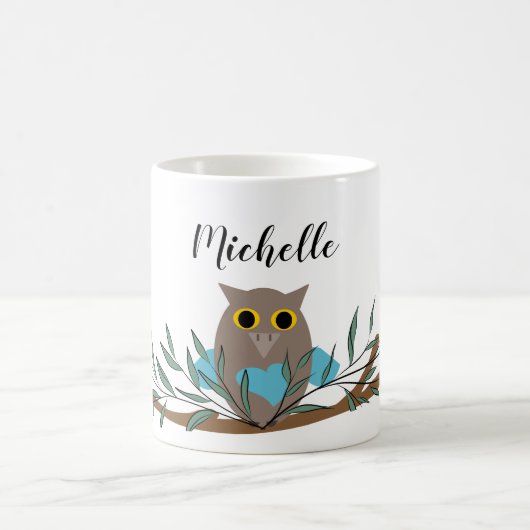 Kute Blue Heart Owl on Branch Personalized Koffiemok (Center)