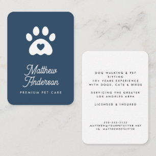 Kute Blue Heart Paw Print Pet Sitter Dog Walker Visitekaartje