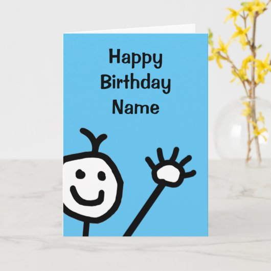 Kute Blue Little Smilling Face Waving Birthday Kaart (Gele Bloem)