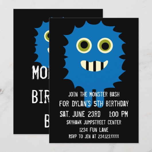 Kute Blue Monster Birthday Party Invitations Kaart (Voorkant / Achterkant)