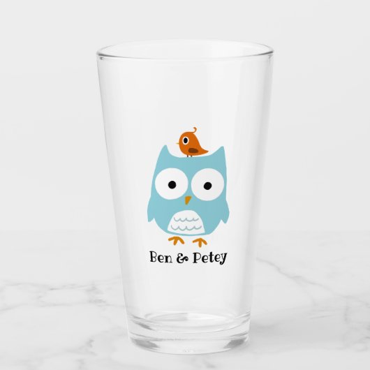Kute Blue Owl en Little Bird Personalized Glas (Voorkant)