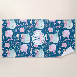 Kute Blue Pink Floral Monogram Beach Handdoeken