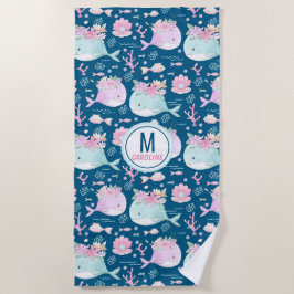 Kute Blue Pink Floral Monogram Beach Handdoeken