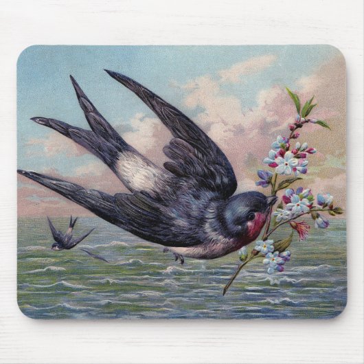 Kute Blue Red Swallow Bird en  Flowers Muismat (Voorkant)