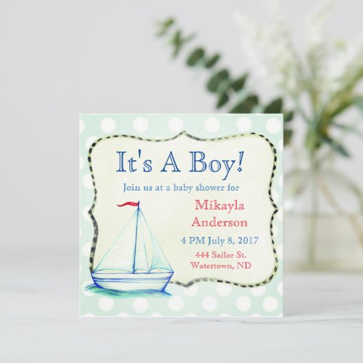 Kute Blue Sailboat Nautical Baby shower Kaart (Staand voorkant)