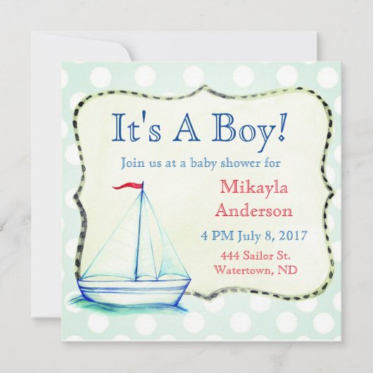 Kute Blue Sailboat Nautical Baby shower Kaart (Voorkant)