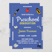 Kute Blue School Supply Kindergarten Afstuderen Kaart (Voorkant / Achterkant)