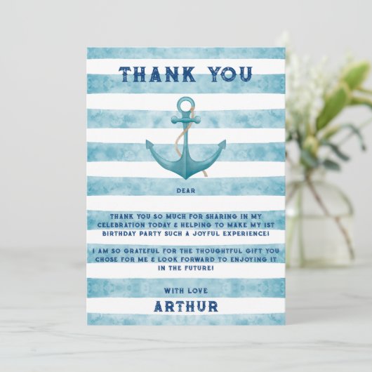 Kute Blue Waterverf Nautical Sailor Anchor Bedankkaart (Staand voorkant)
