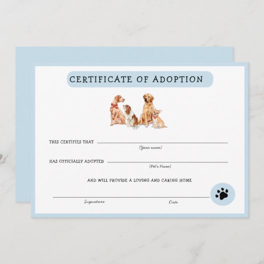 Kute Blue & White Puppy Adoption Certificate (Voorkant / Achterkant)