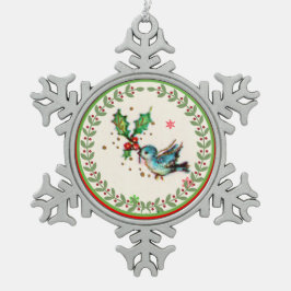 Kute Bluebird met Green and Red Holly Tin Sneeuwvlok Ornament