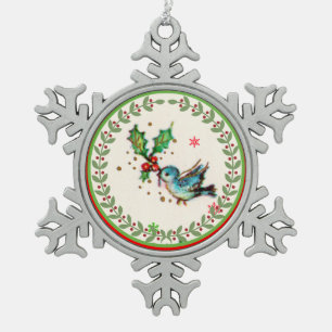Kute Bluebird met Green and Red Holly Tin Sneeuwvlok Ornament