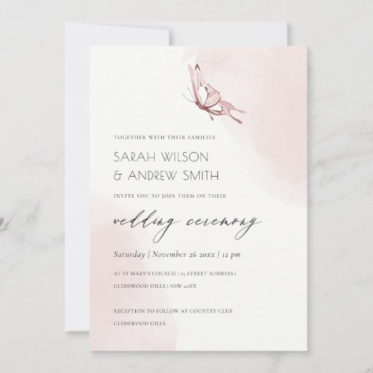 KUTE BLUSH WATERVERF BUTTERFLY WEDDING INVITE BEDANKKAART (Voorkant)