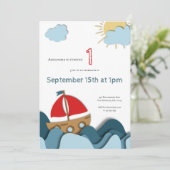 Kute boat met Red Sails First Birthday Kaart (Staand voorkant)