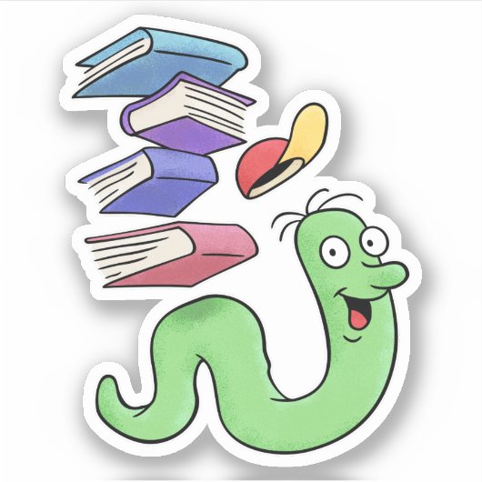 Kute boekworm met een stapel boeken sticker (Voorkant)
