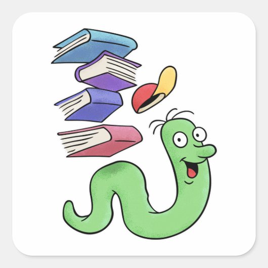 Kute boekworm met een stapel boeken vierkante sticker (Voorkant)